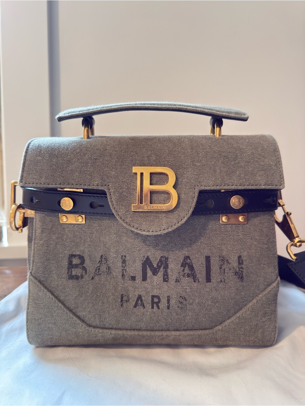 Balmain B Buzz Olive Canvas 23 Handbag with Black Leather Strap - Picture 1 of 9